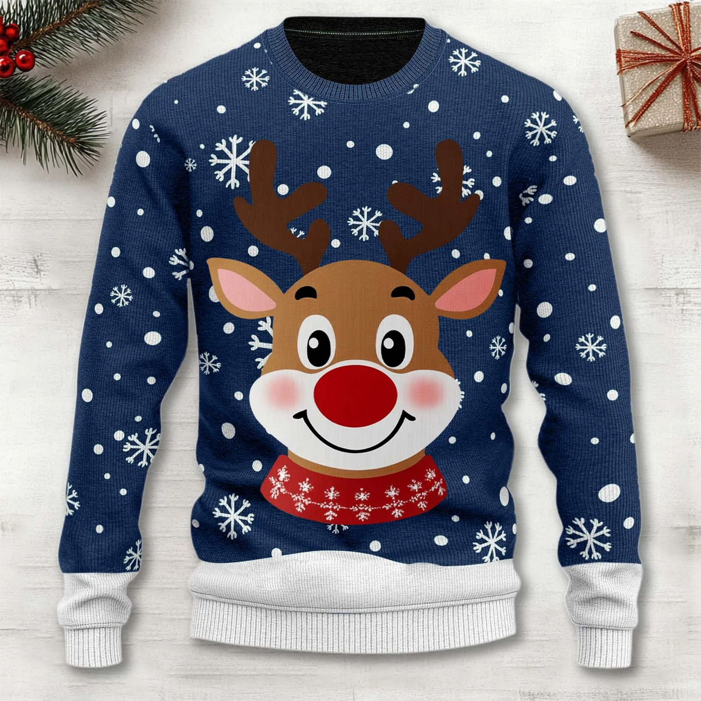 Cozy red Christmas knit sweater with festive reindeer motif, perfect for holiday gatherings
