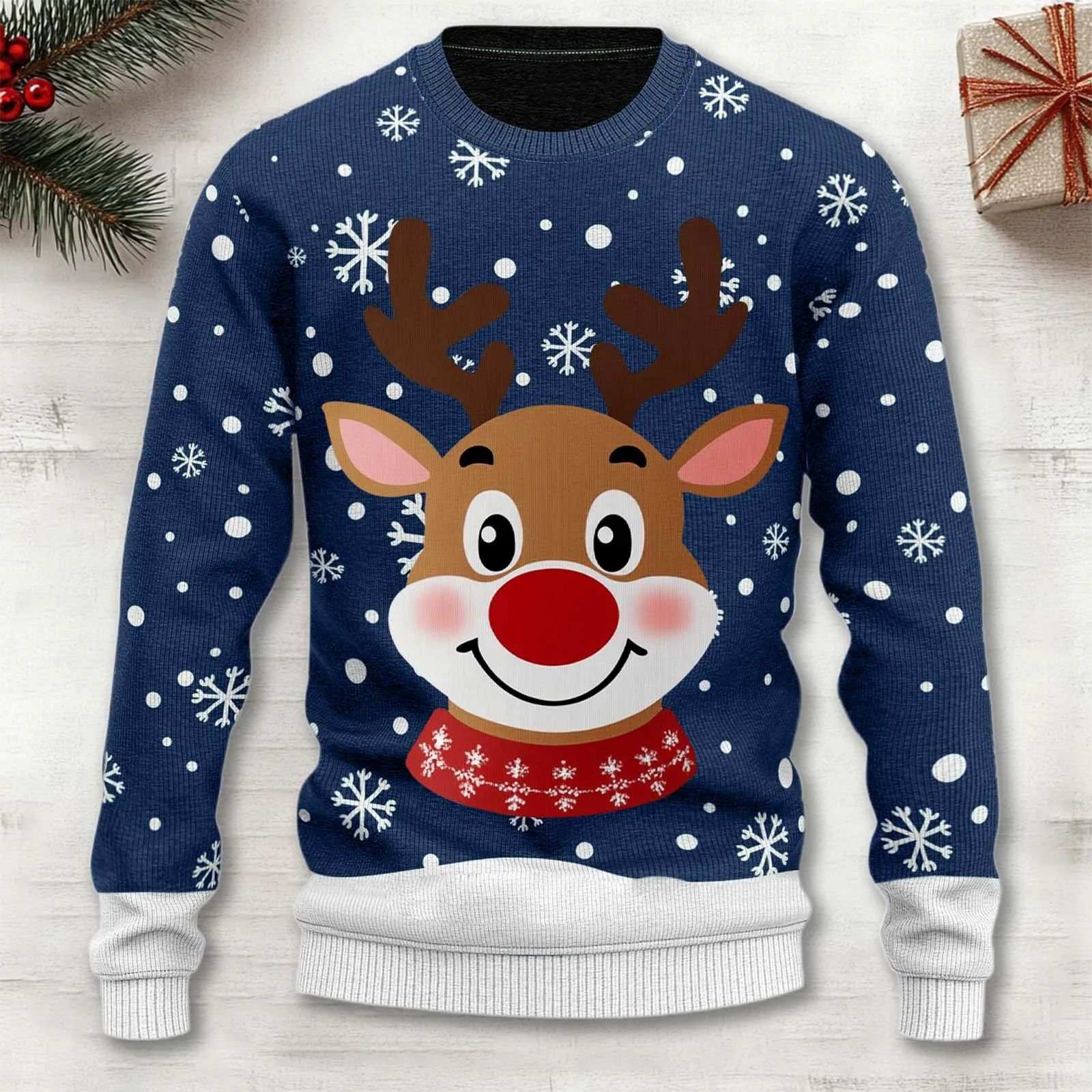 Cozy red Christmas knit sweater with festive reindeer motif, perfect for holiday gatherings