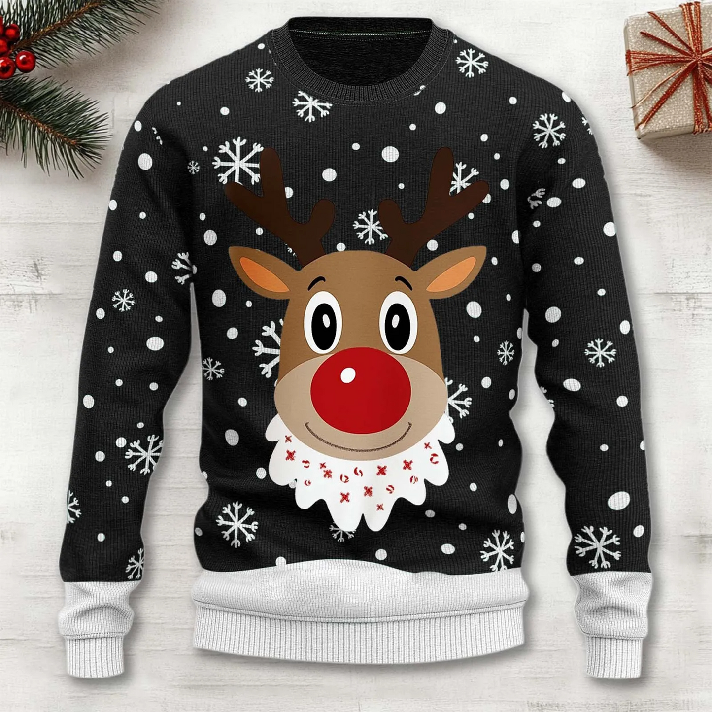 Cozy red Christmas knit sweater with festive reindeer motif, perfect for holiday gatherings