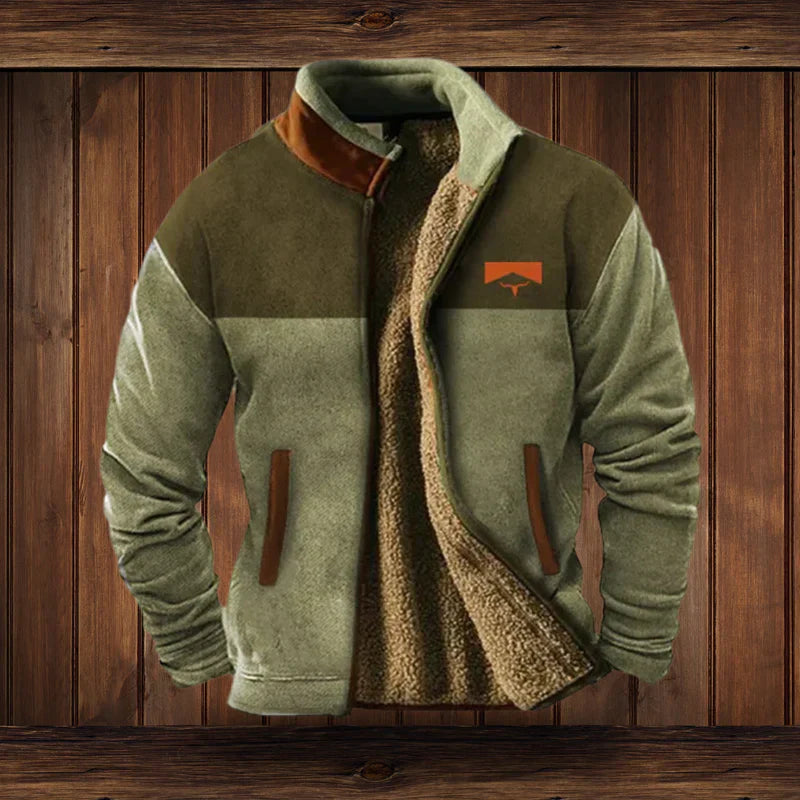 Men's tribal winter coat with bold heritage pattern sleeves, cozy urban explorer style in warm tones