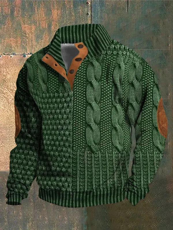 Men's warm knit sweater regular fit buttoned collar with leather details cozy winter jumper