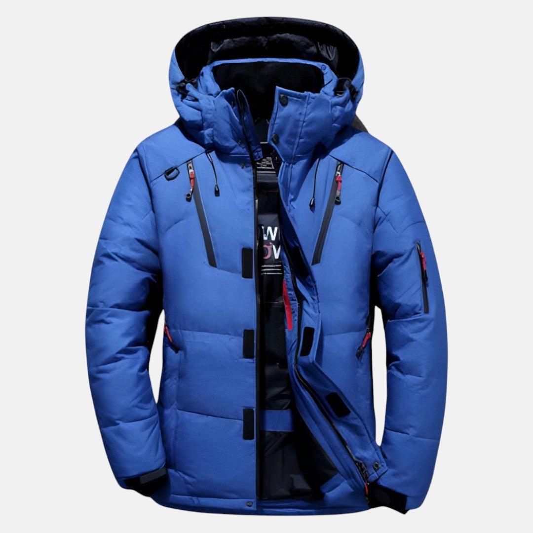 Men's navy padded winter parka hooded regular fit hip-length coat with zipper pockets