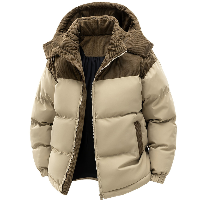 Men's black quilted hooded winter coat windproof insulated jacket for cold weather
