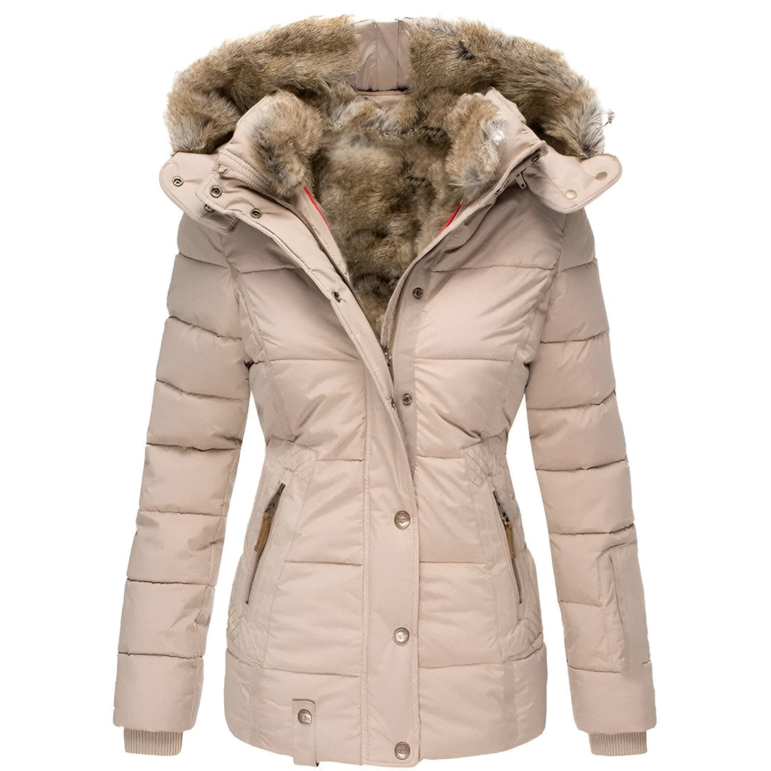 Women's slim-fit hooded puffer jacket with faux fur trim, tailored silhouette for winter warmth
