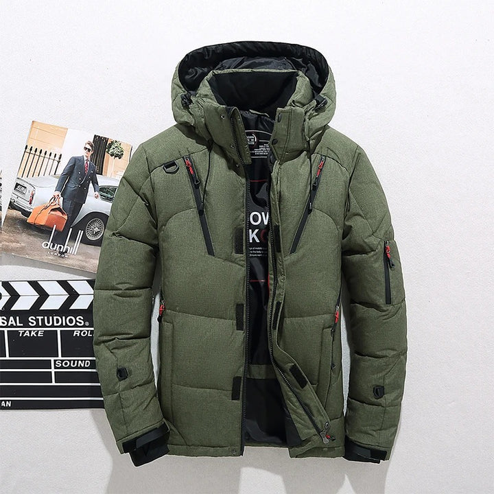 Men's insulated puffer jacket with hood, windproof quilted winter coat for cold weather outdoor use
