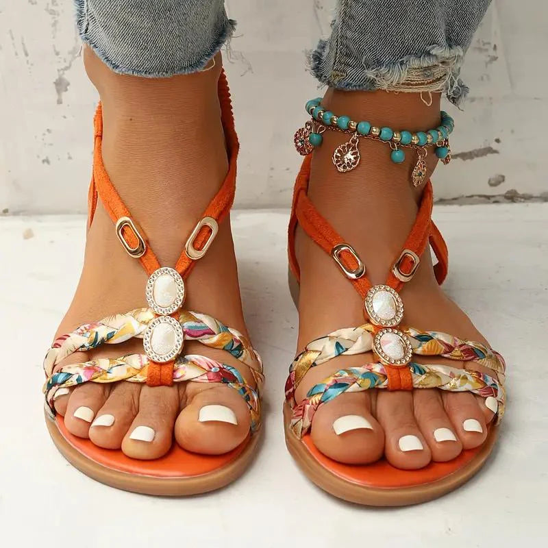 Boho women's sandals floral design soft sole low wedge heel summer beach comfort open toe