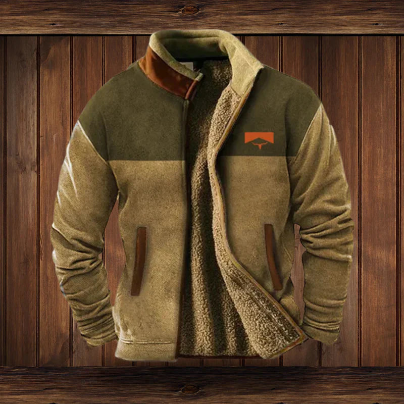 Men's tribal winter coat with bold heritage pattern sleeves, cozy urban explorer style in warm tones