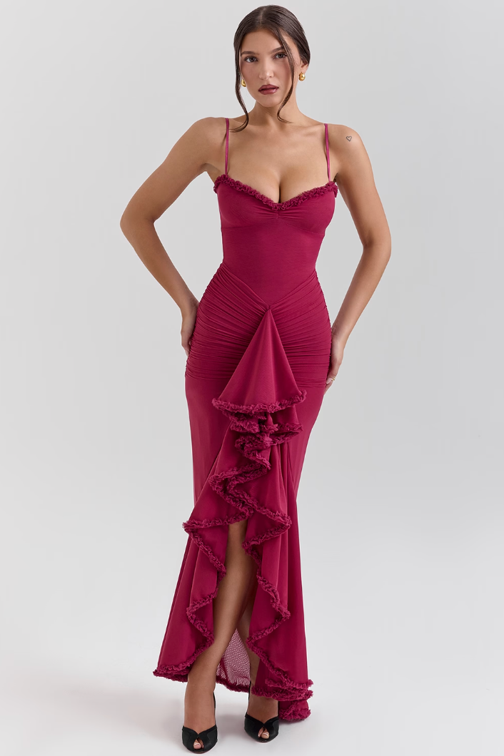 Romantic maxi dress spaghetti straps sheer overlay ruched detail flowy feminine silhouette weddings