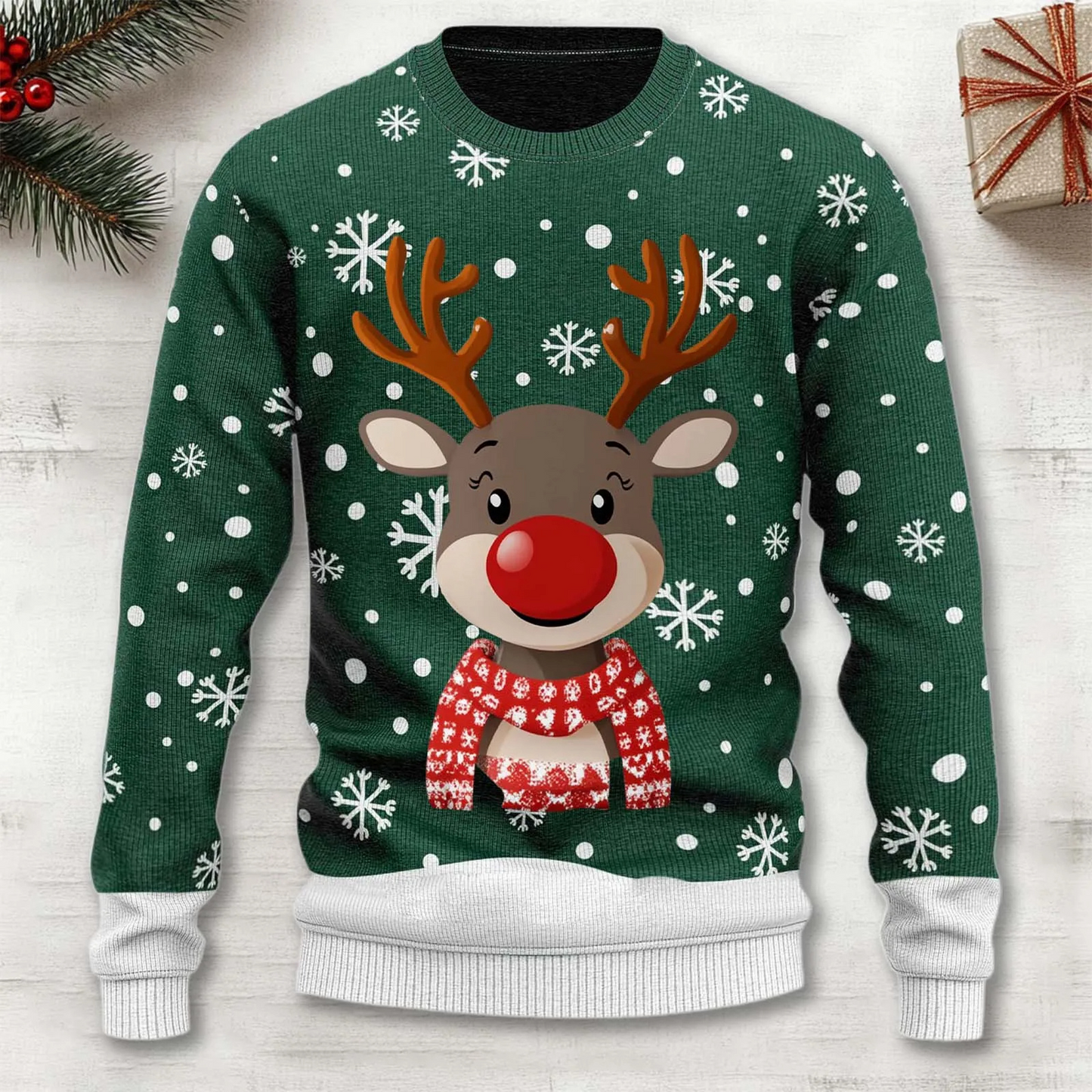Red Christmas reindeer knit sweater cozy holiday pullover with festive jacquard motif