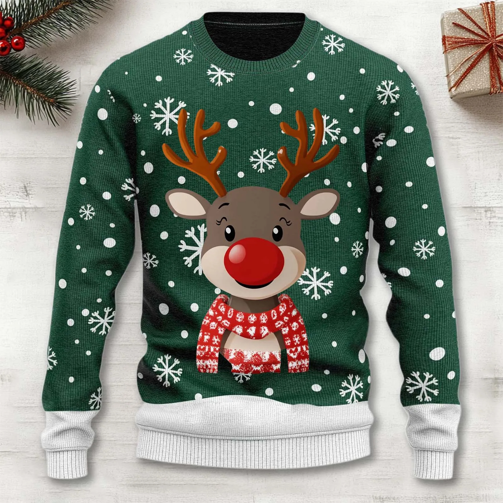 Red Christmas reindeer knit sweater cozy holiday pullover with festive jacquard motif