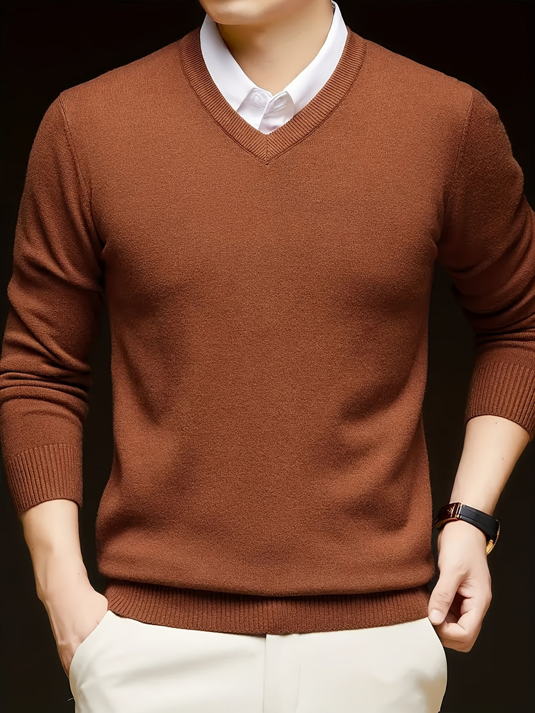 Men's classic V-neck knit sweater slim modern cut versatile office casual winter layering