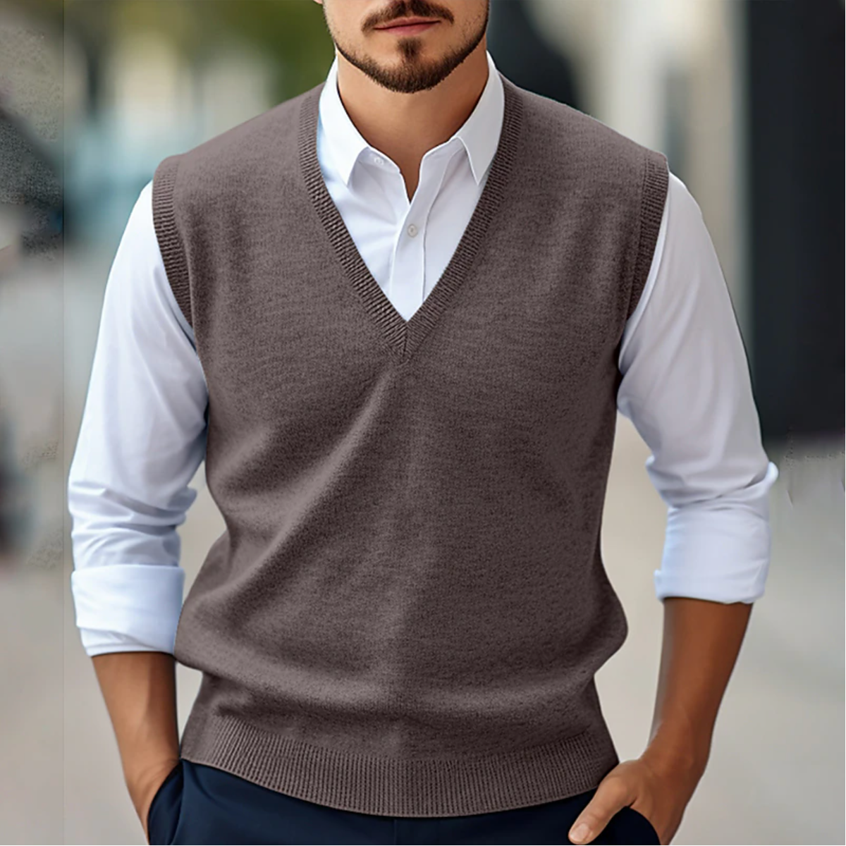 Men's navy blue V-neck knit vest, classic office-ready layering piece with polished refined silhouette