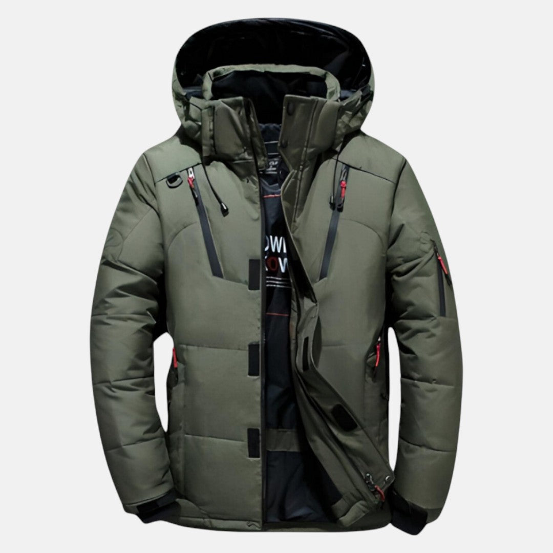 Men's navy padded winter parka regular fit hooded hip-length coat with zipper pockets