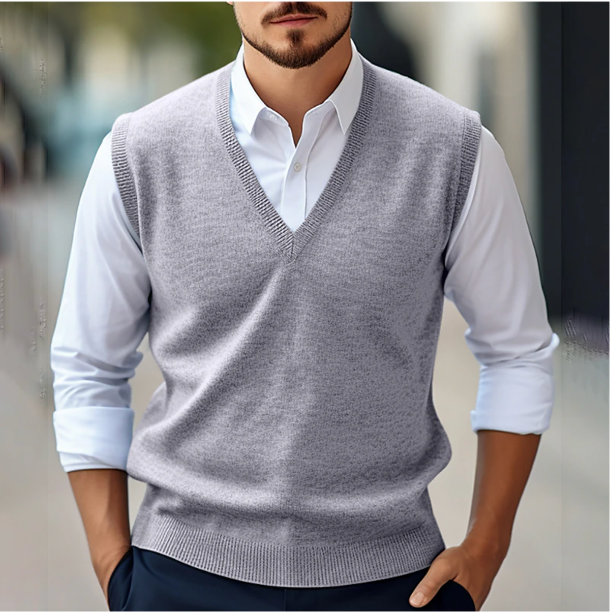 Men's navy blue V-neck knit vest, polished office layering essential with classic silhouette