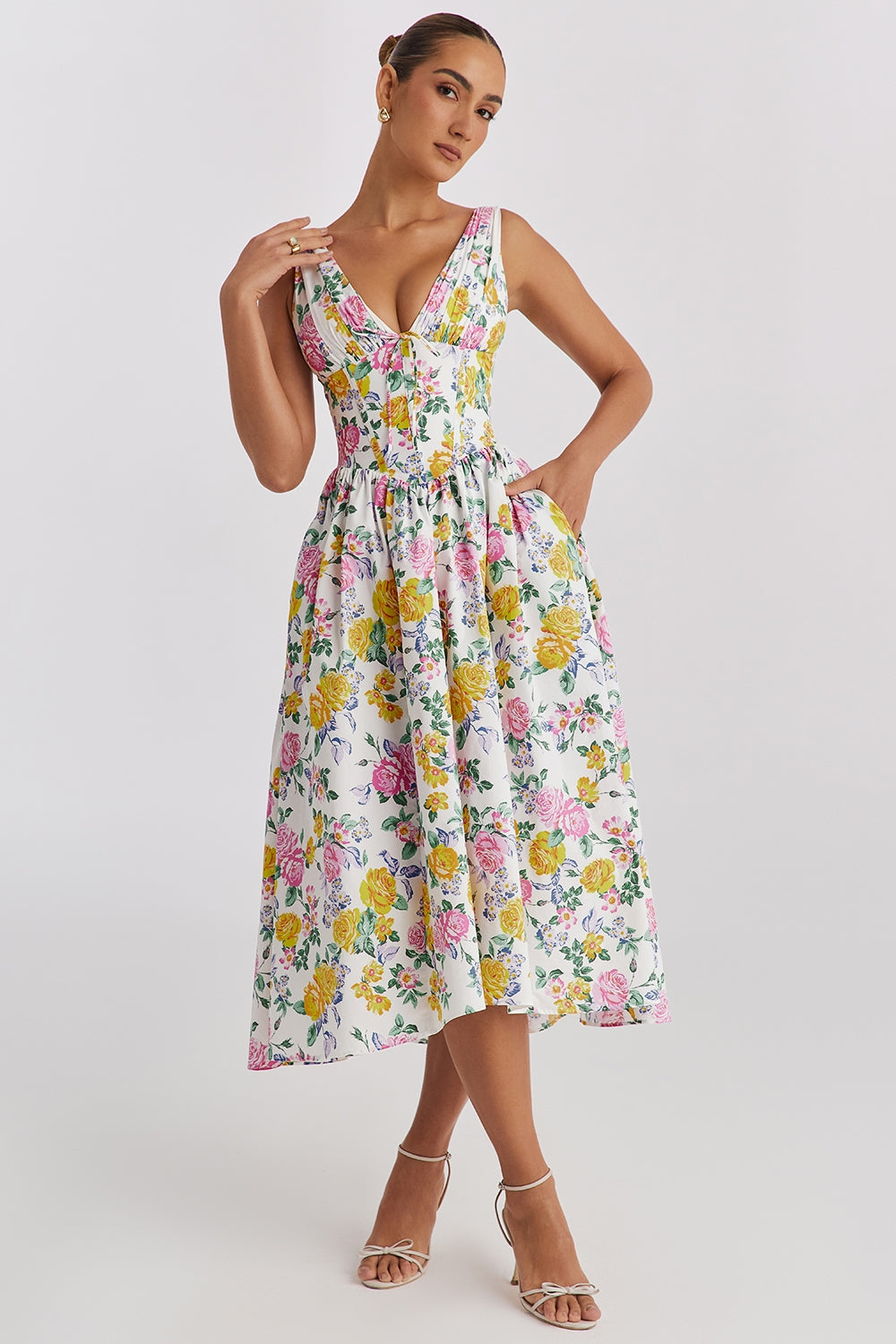 Boho floral midi dress women V-neck sleeveless A-line lightweight summer wedding guest