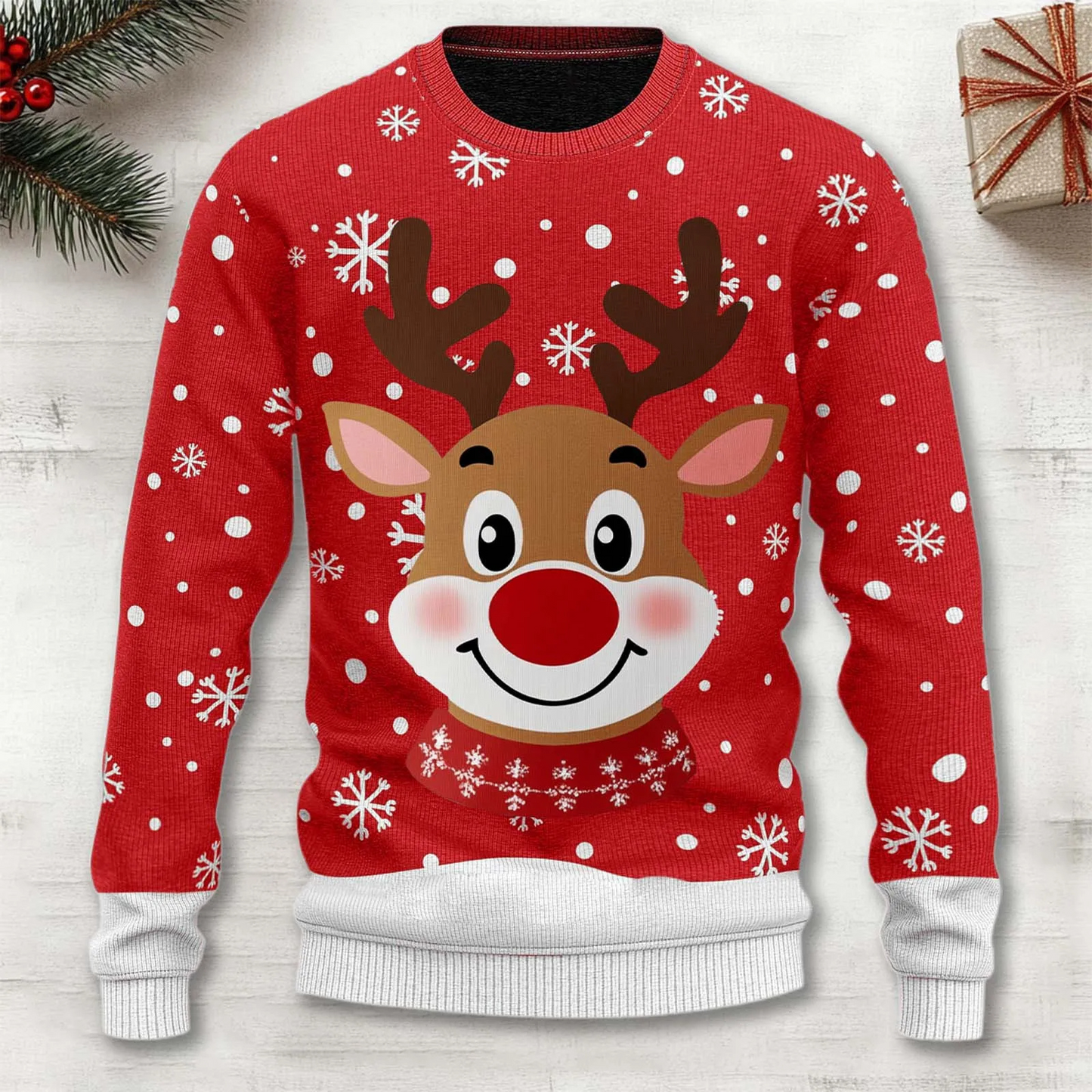 Cozy red Christmas knit sweater with festive reindeer motif, perfect holiday pullover for gatherings