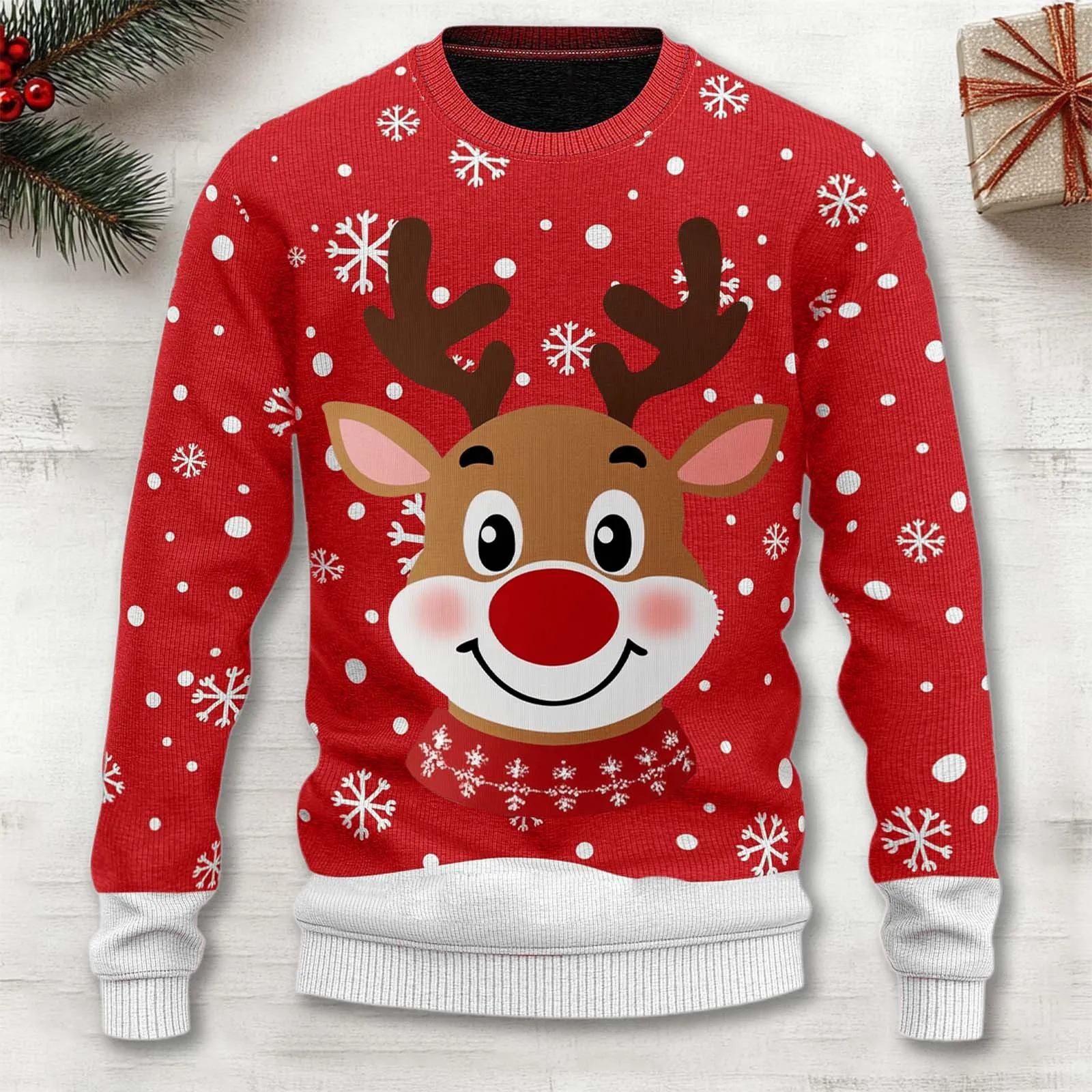 Cozy red Christmas knit sweater with festive reindeer motif, perfect holiday pullover for gatherings