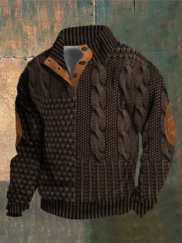 Men's warm knit sweater regular fit with buttoned collar and leather details in cozy neutral tones