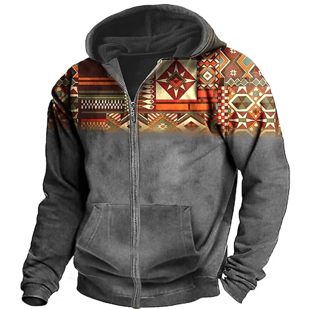 Men's colorful patterned zip-up hoodie winter jacket with adjustable hood, regular fit casual comfort