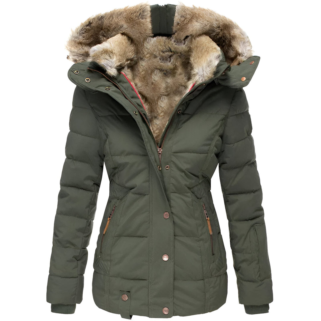 Women's slim puffer jacket black hooded faux fur trim tailored fit winter coat everyday warmth