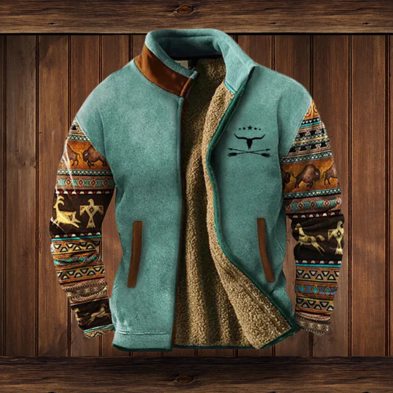 Men's tribal winter coat with bold patterned sleeves, cozy urban fit for cold-weather adventures