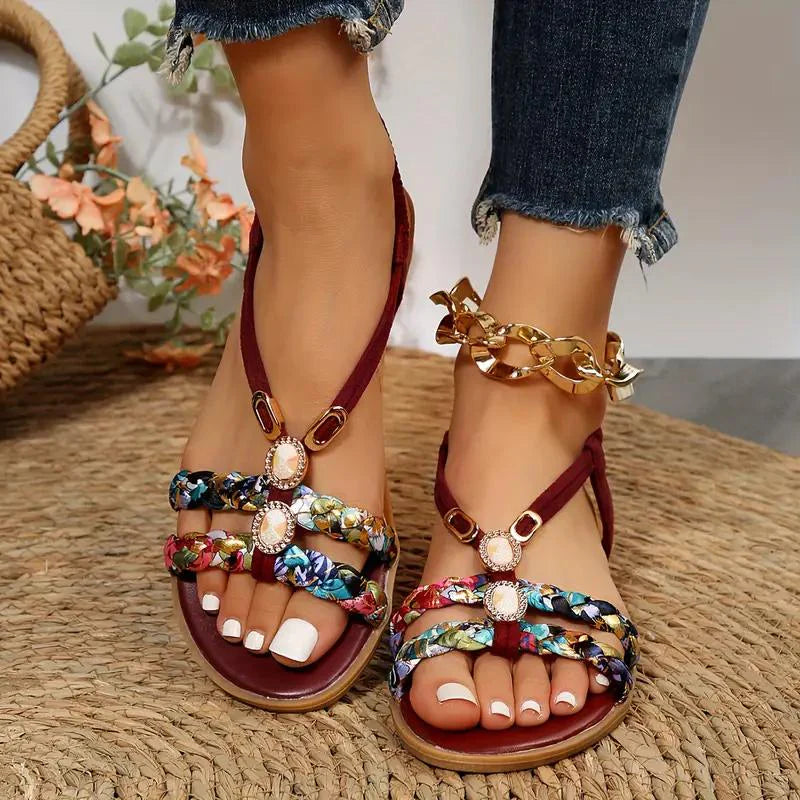 Boho women's sandals soft sole low wedge heel floral design summer beach comfort