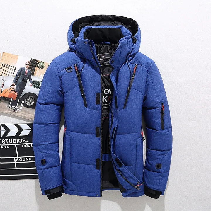 Men's insulated puffer jacket with hood, windproof quilted winter coat for cold weather outdoor use
