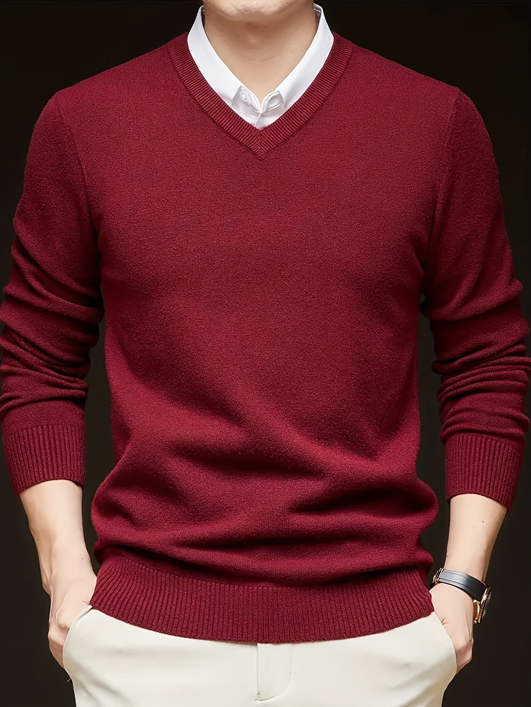 Men's classic V-neck knit sweater versatile slim cut for office and casual winter layering