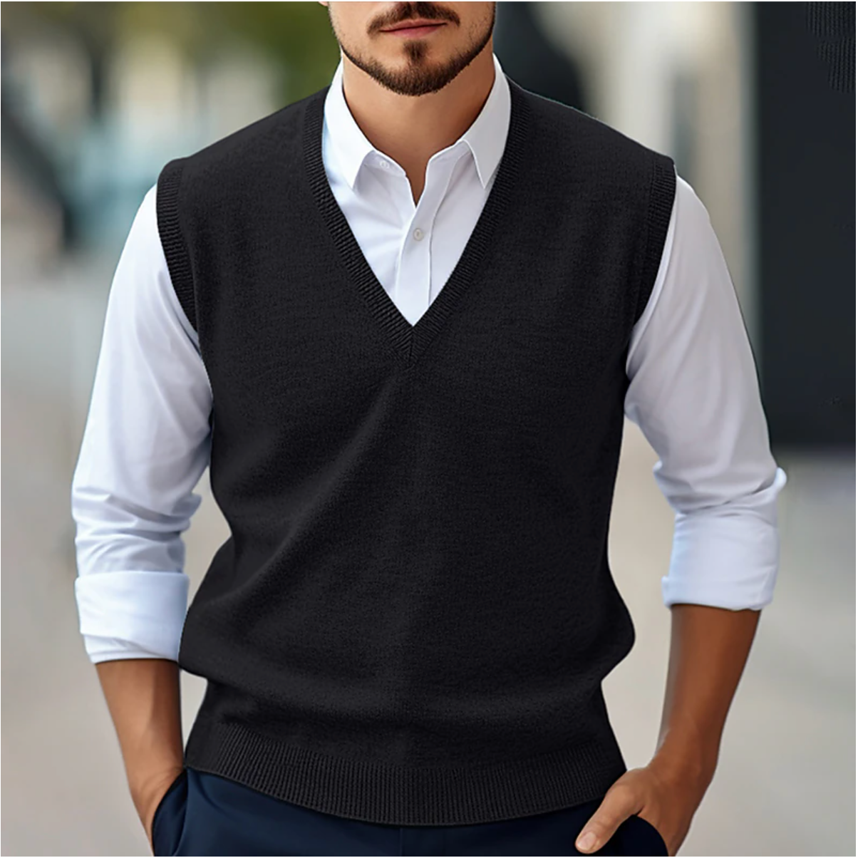 Men's navy blue V-neck knit vest, polished office layering essential with classic silhouette