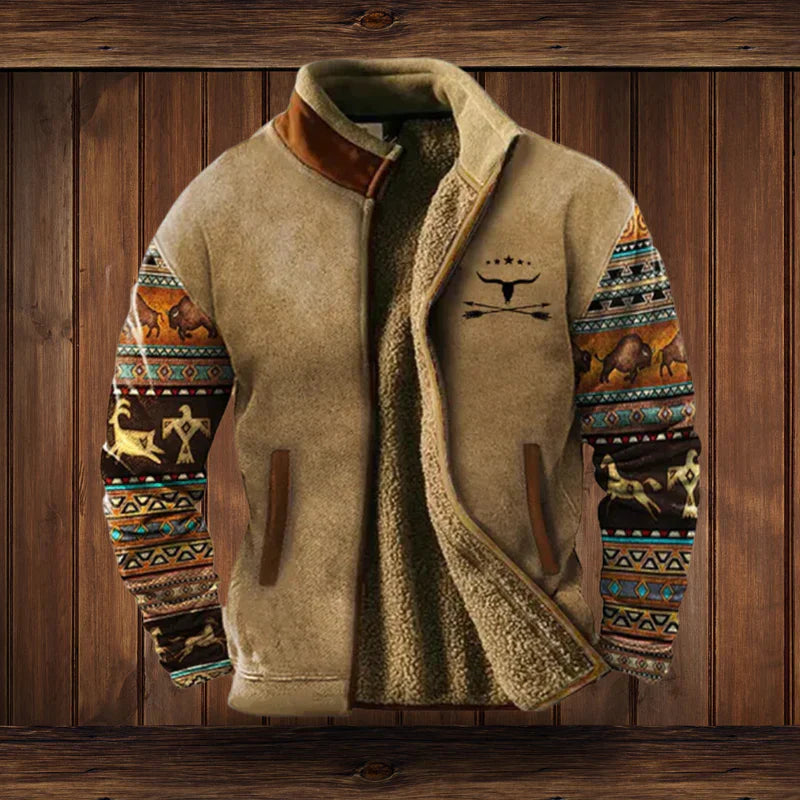 Men's tribal winter coat with bold heritage pattern sleeves, cozy urban explorer outdoor warmth