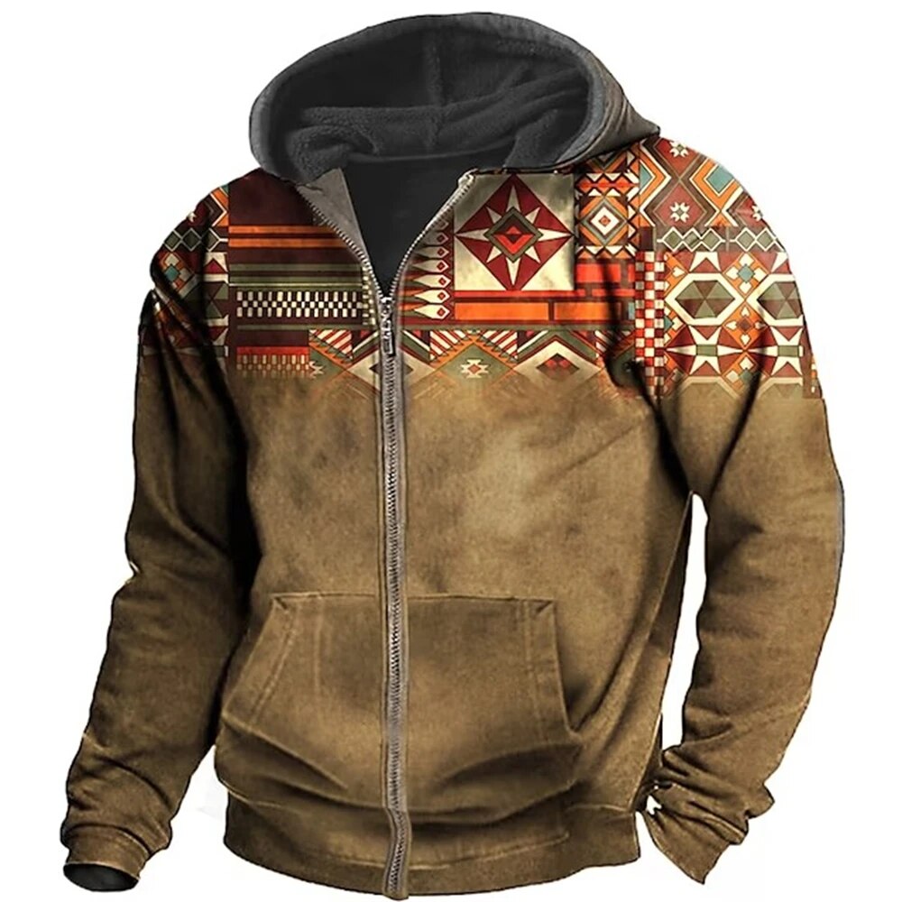 Men's zip-up hoodie winter jacket colorful patterned casual regular fit with adjustable hood