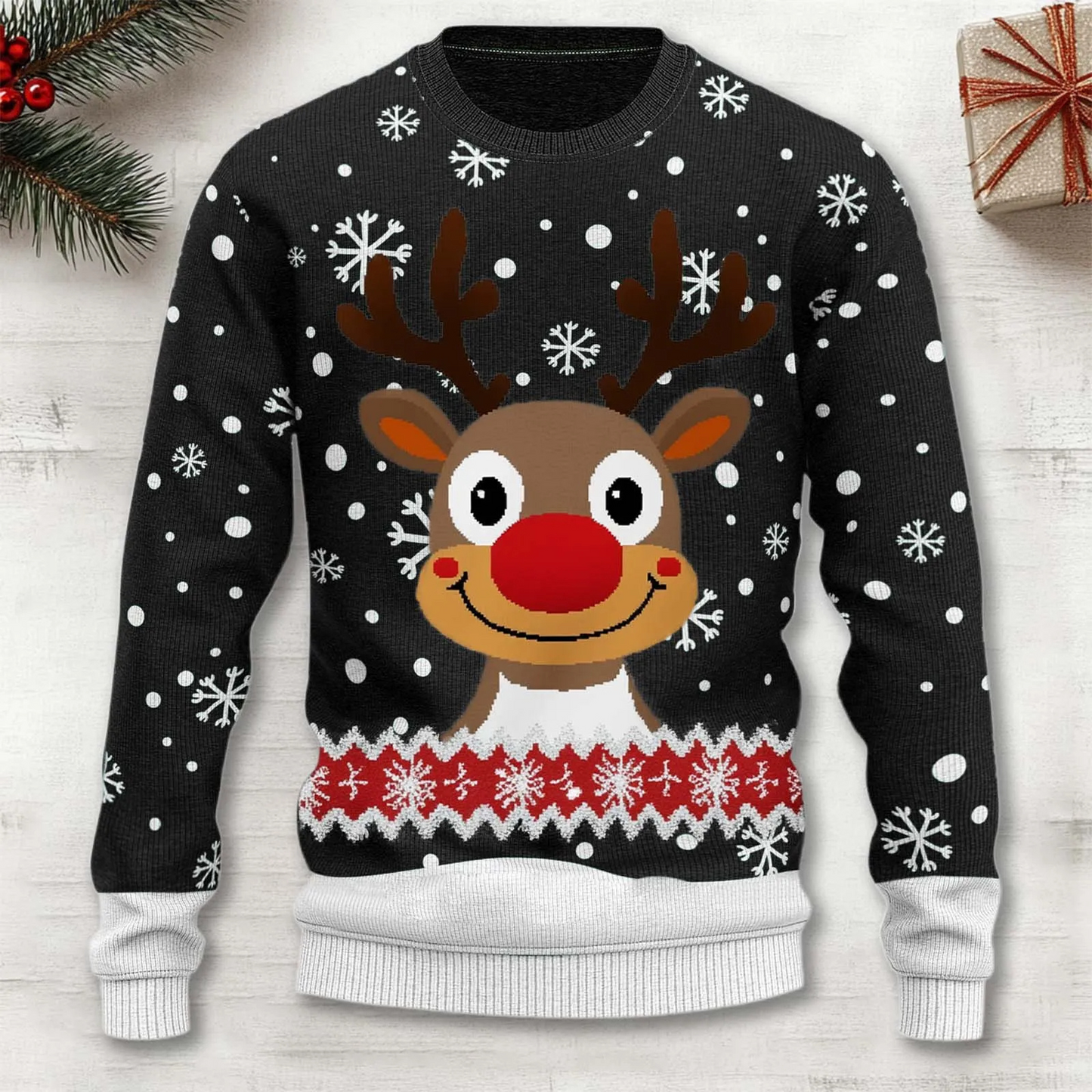 Red Christmas reindeer knit sweater cozy festive pullover with classic holiday motif pattern