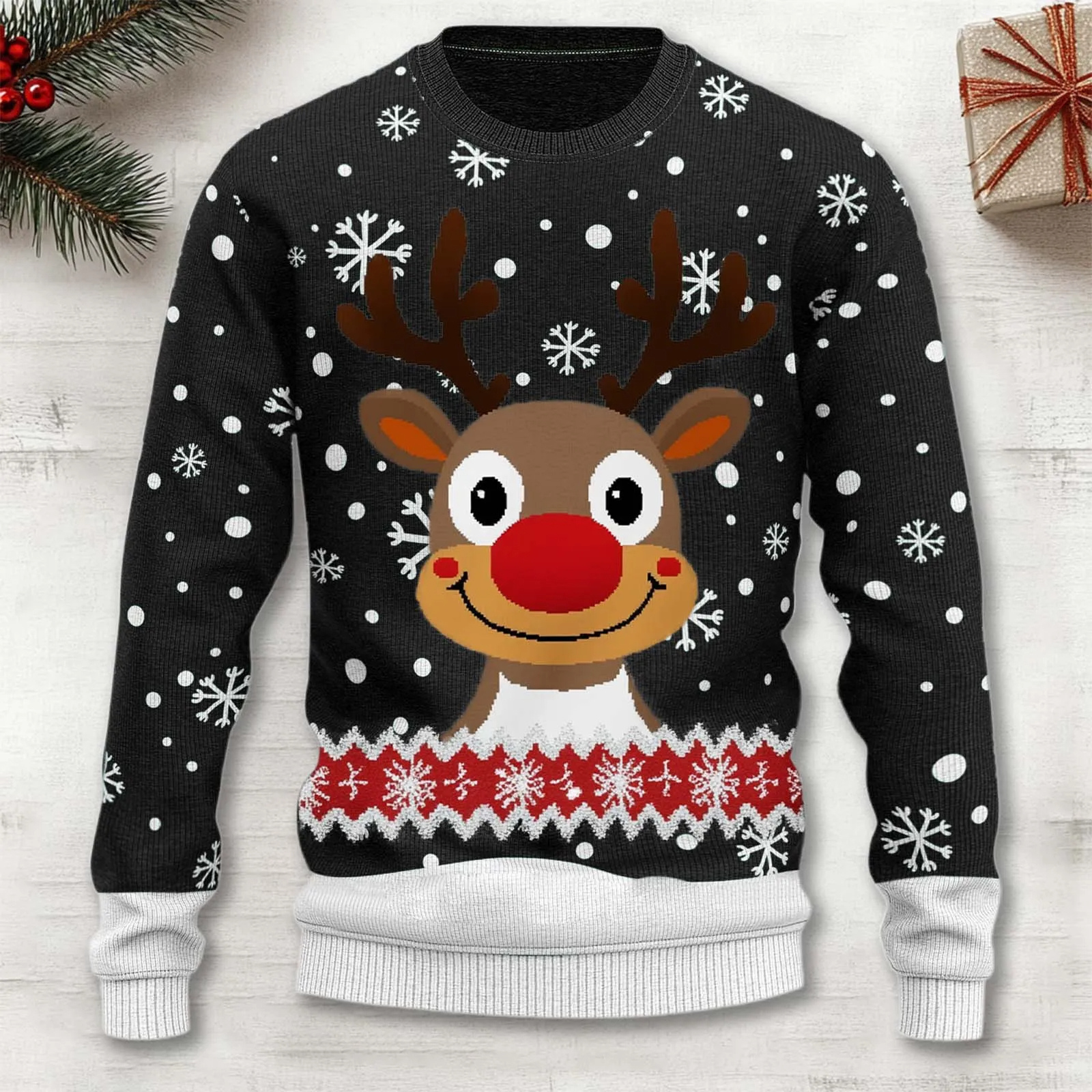 Red Christmas reindeer knit sweater cozy festive pullover with classic holiday motif pattern