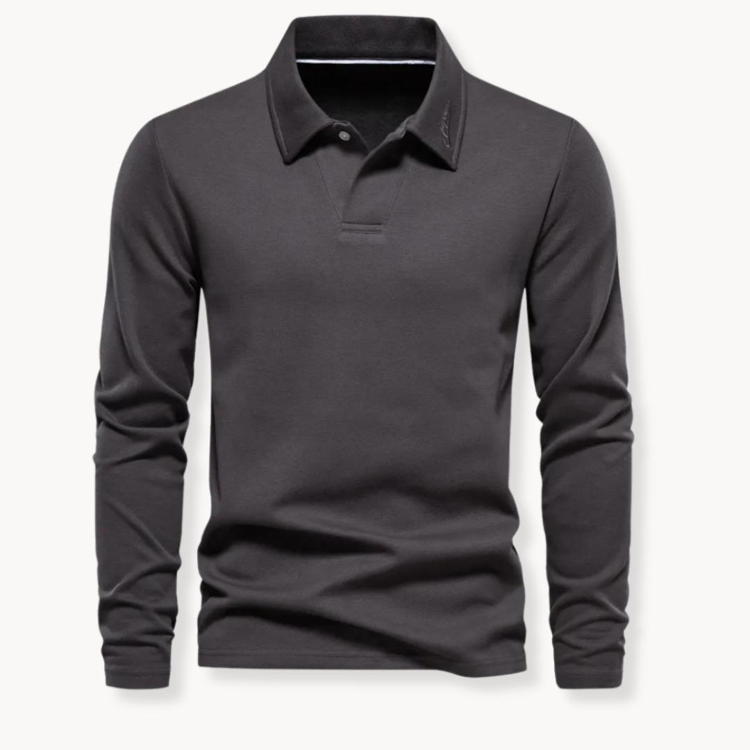 Men's navy long sleeve polo shirt with classic collar, slim fit, versatile elegant style for work and casual