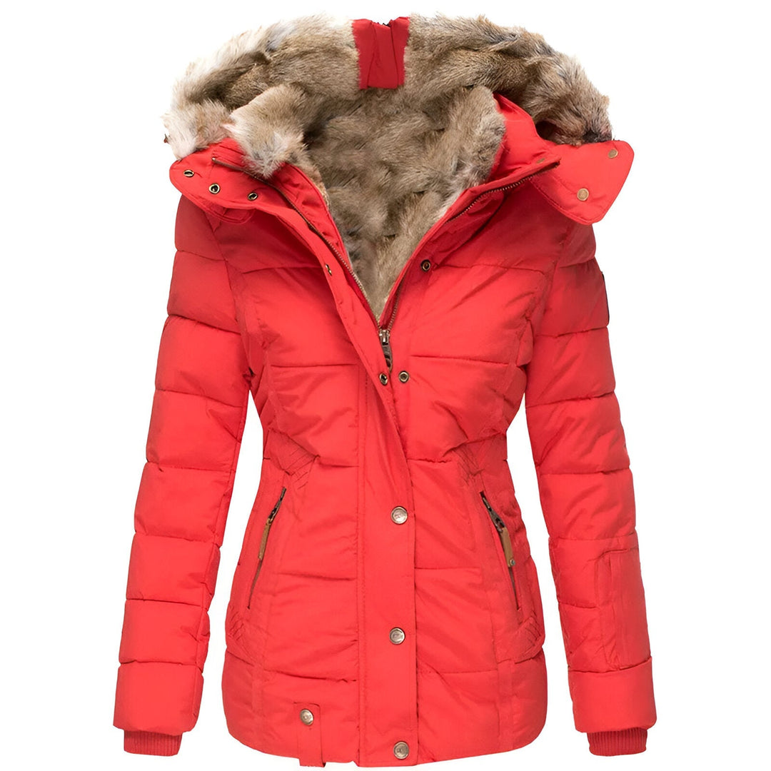 Women's slim puffer jacket black hooded faux fur trim tailored fit winter coat everyday warmth