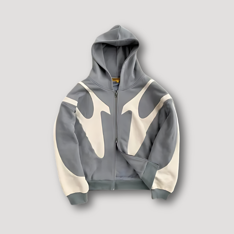 Men's relaxed fit zip hoodie with curved panel design for bold streetwear layering style