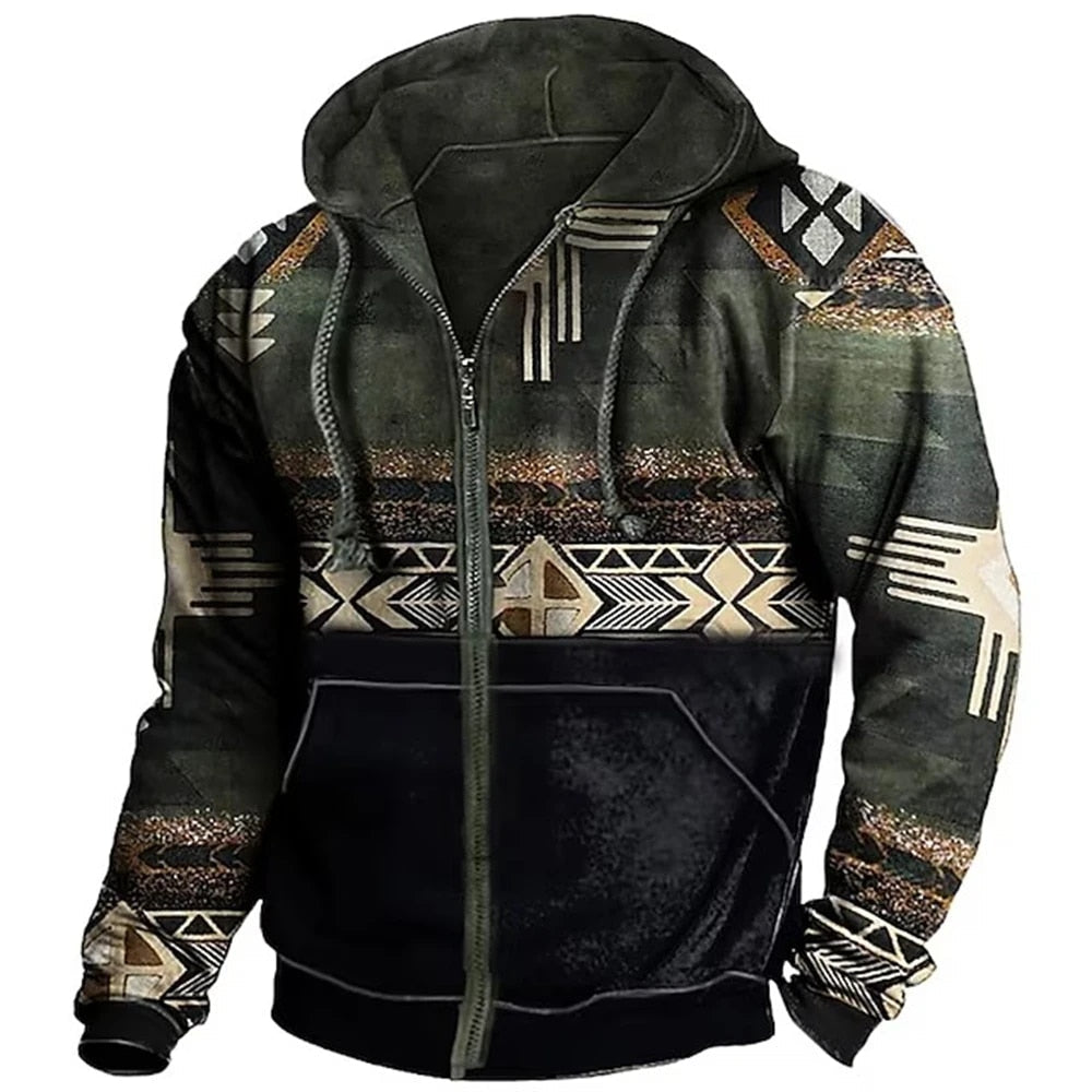 Men's colorful patterned zip-up hoodie winter jacket with adjustable hood, regular fit casual style