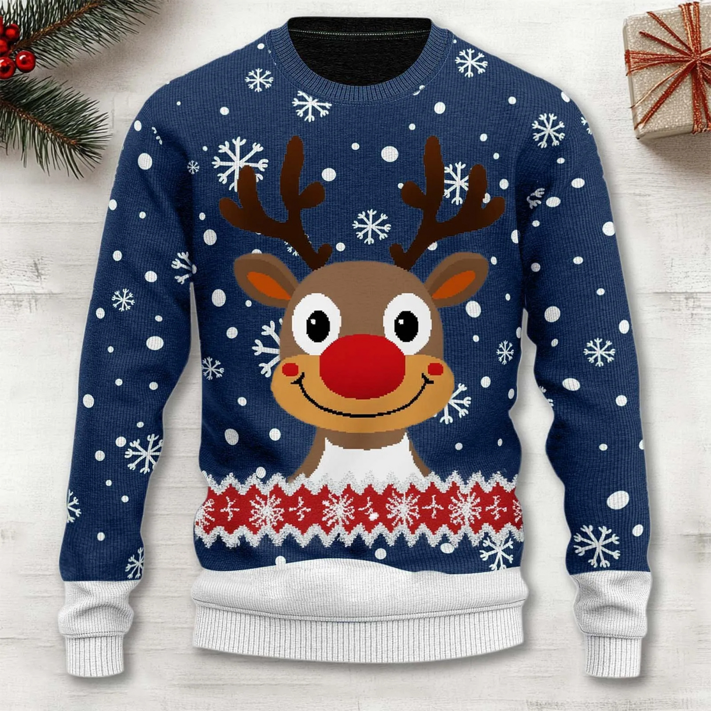 Red Christmas reindeer knit sweater cozy festive holiday pullover with classic winter motif pattern