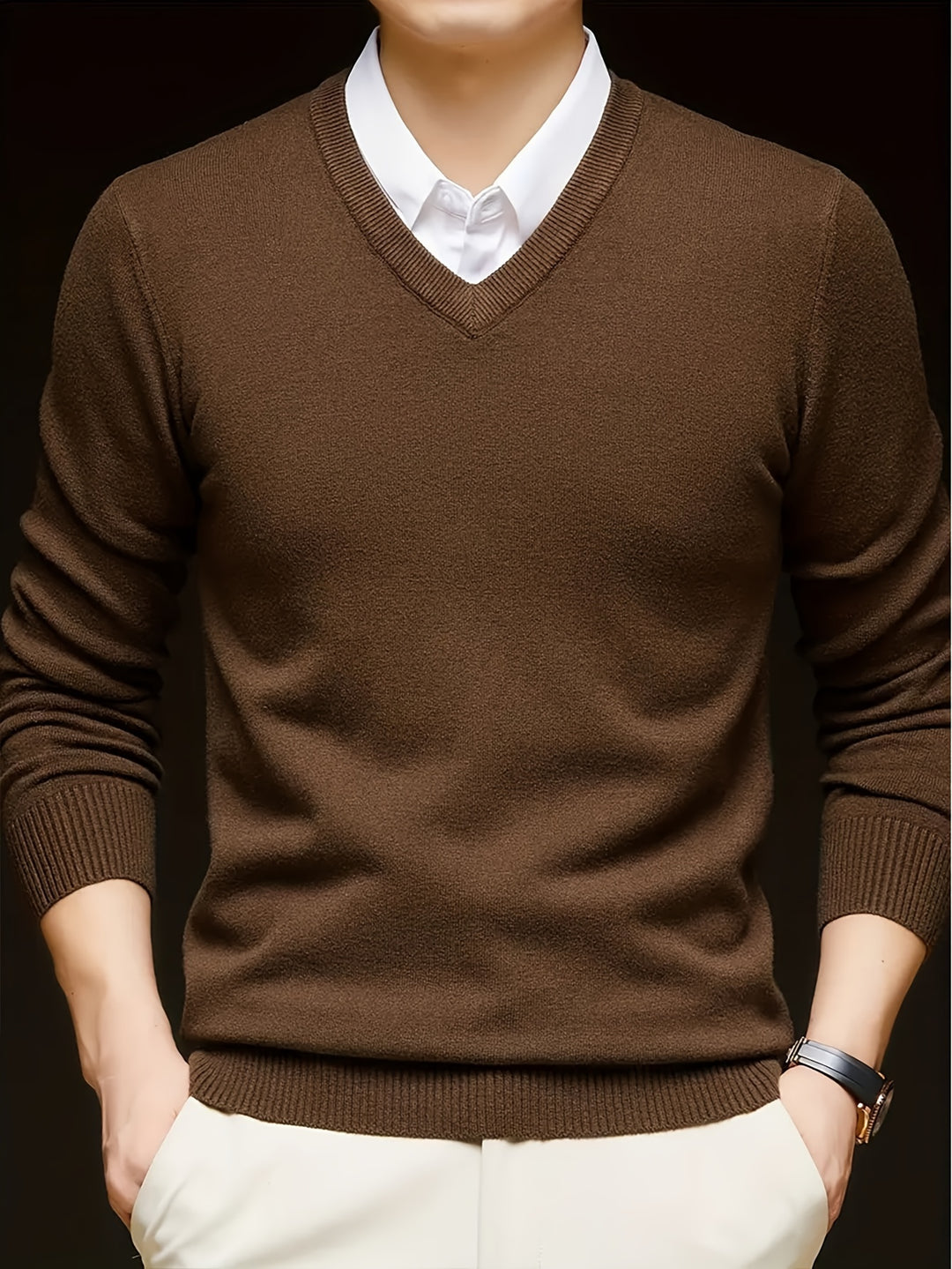 Men's classic V-neck knit sweater slim modern cut versatile office casual winter layering comfort