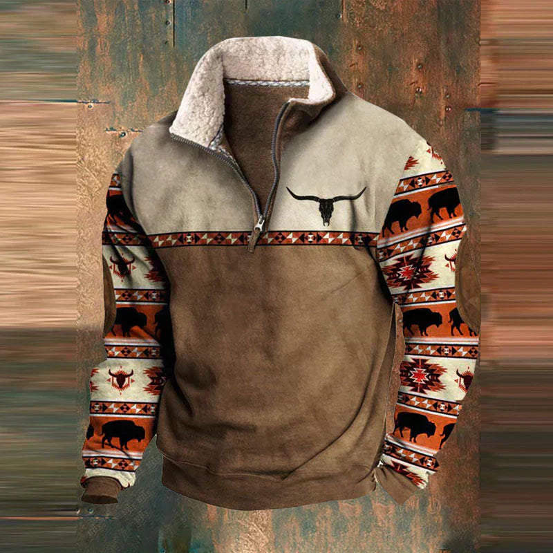 Men's vintage ethnic knit zip turtleneck sweater warm casual regular fit cozy winter