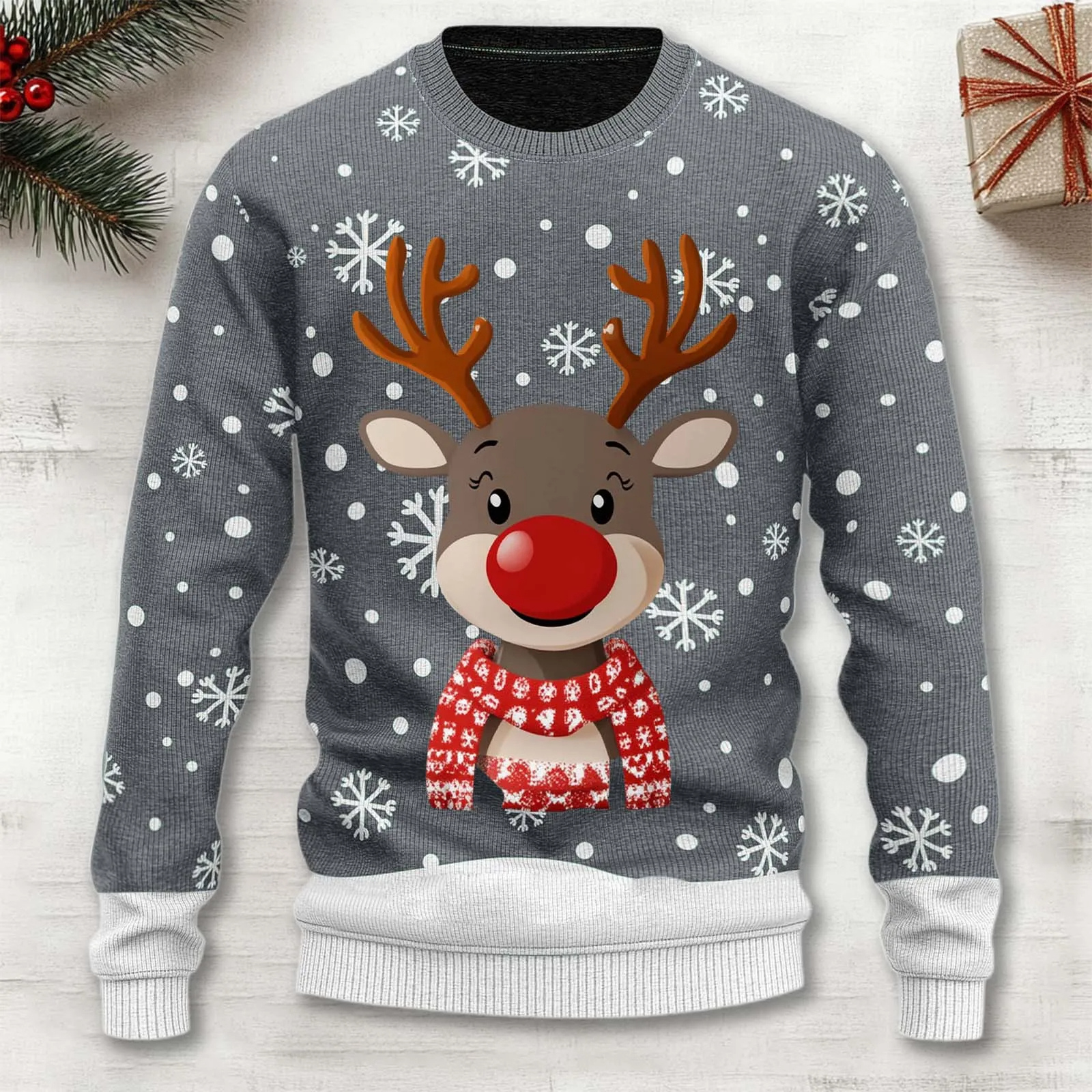 Red Christmas reindeer knit sweater cozy holiday pullover with festive intarsia pattern