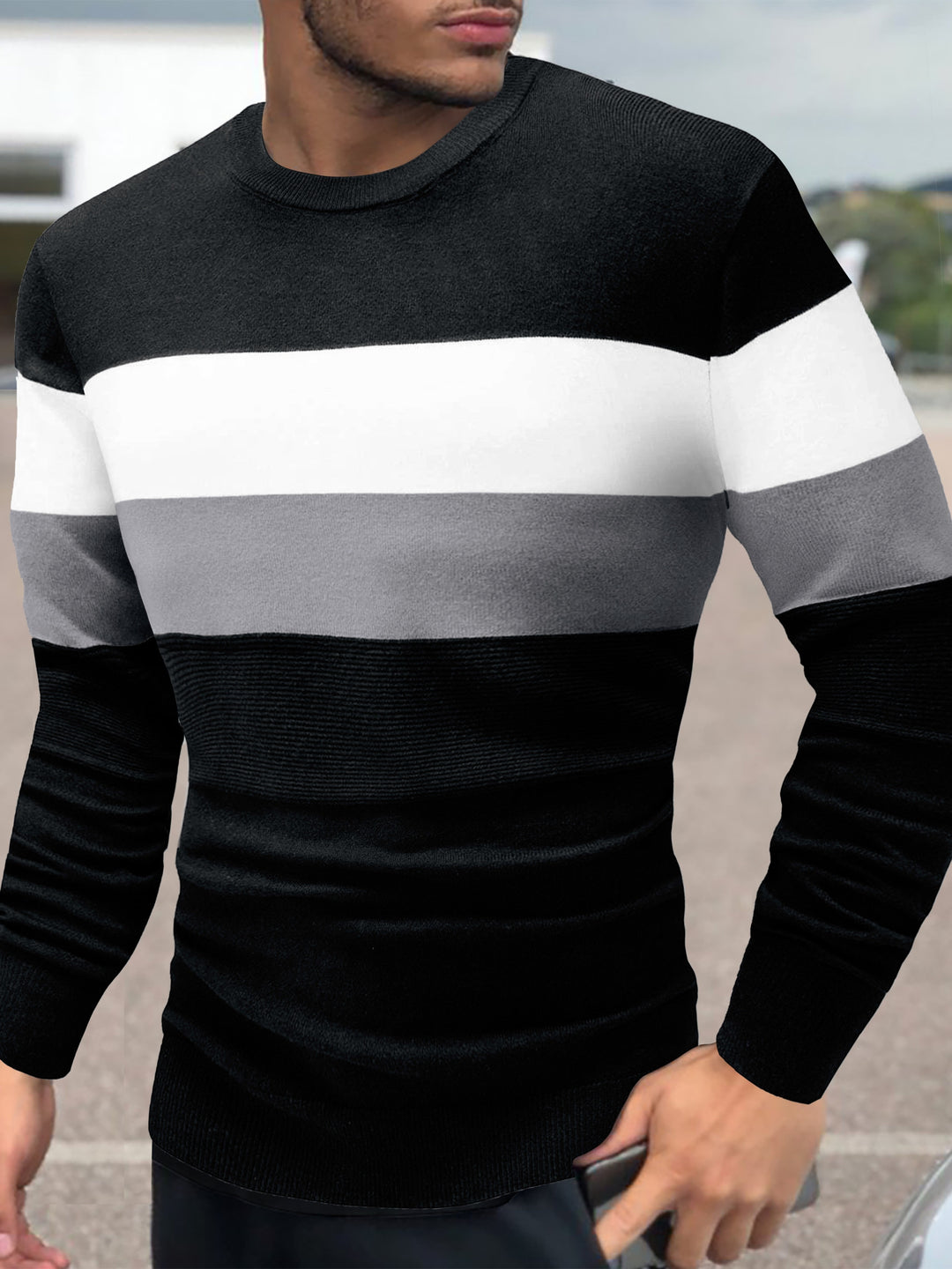 Men's striped color-block knit sweater, modern structured cut, warm versatile winter style