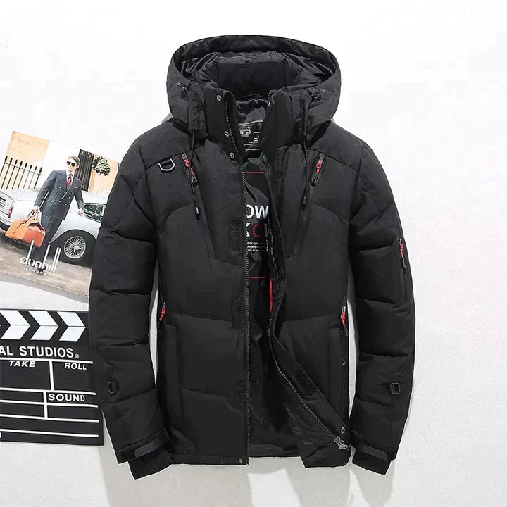 Men's insulated puffer jacket with hood, windproof quilted winter coat for cold weather outdoor use