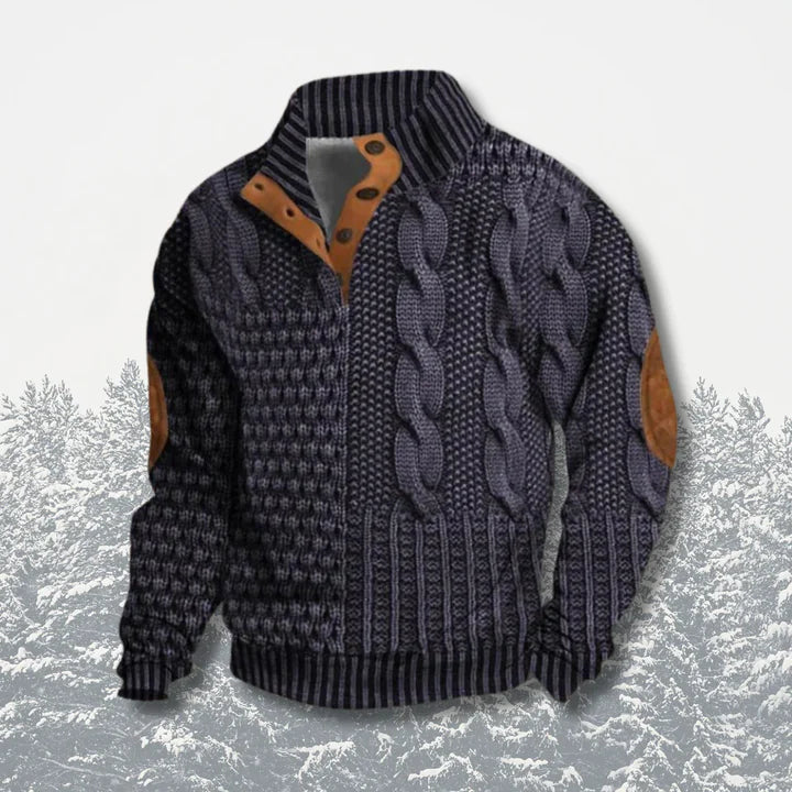 Men's warm knit sweater regular fit buttoned collar with leather details in cozy textured knit