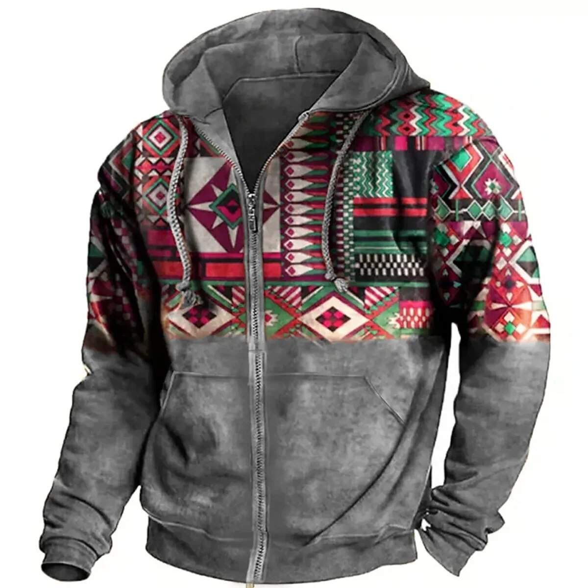 Men's zip-up hoodie winter jacket with colorful unique pattern, regular fit, adjustable hood