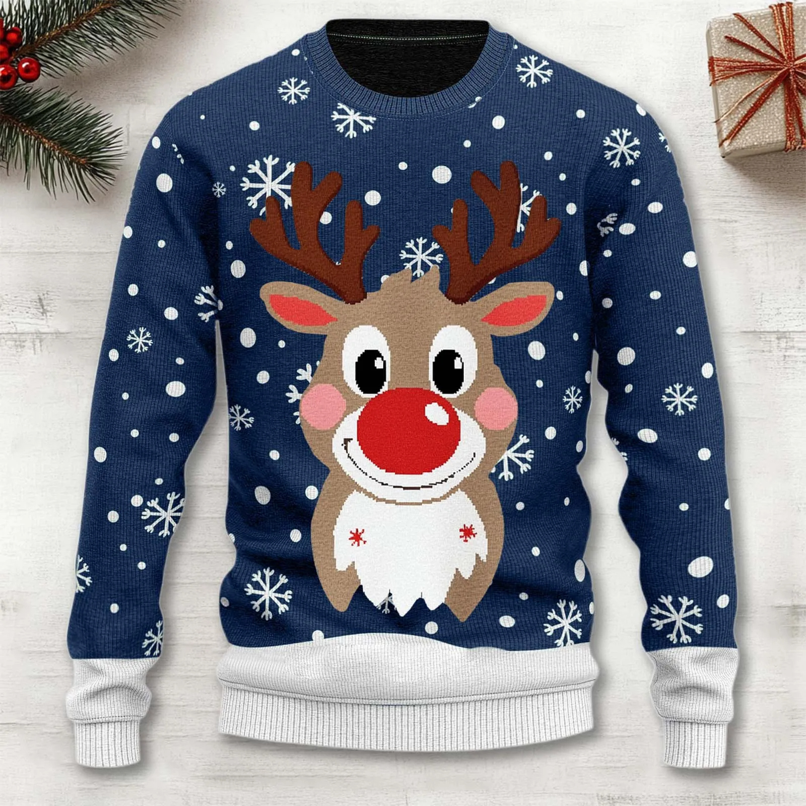 Cozy red Christmas knit sweater with festive reindeer motif, perfect holiday pullover for family gatherings