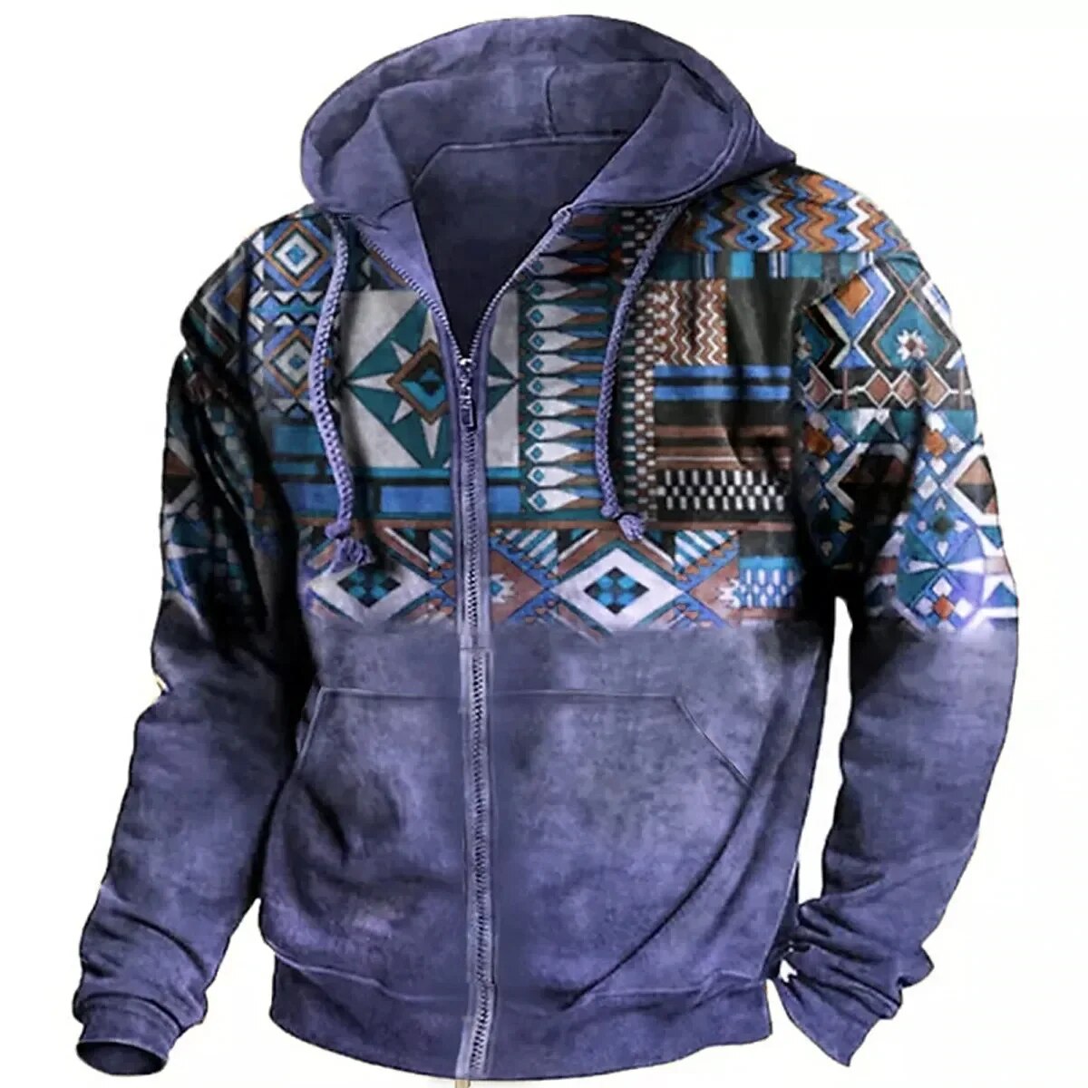 Men's zip-up hoodie winter jacket colorful patterned casual regular fit with adjustable hood