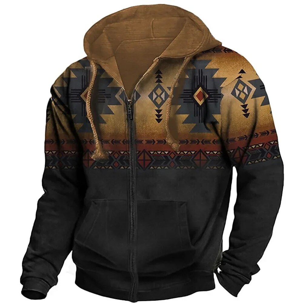 Men's colorful patterned zip-up hoodie winter jacket with adjustable hood casual regular fit