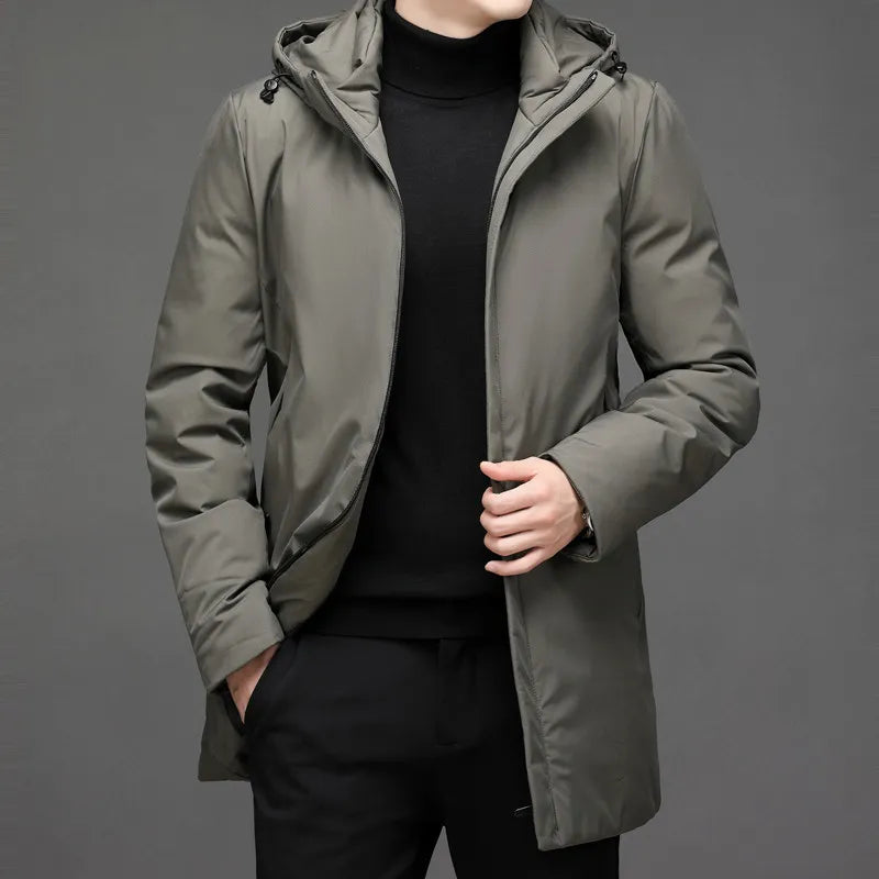 Men's long hooded winter jacket in cozy everyday style, designed for cold weather layering