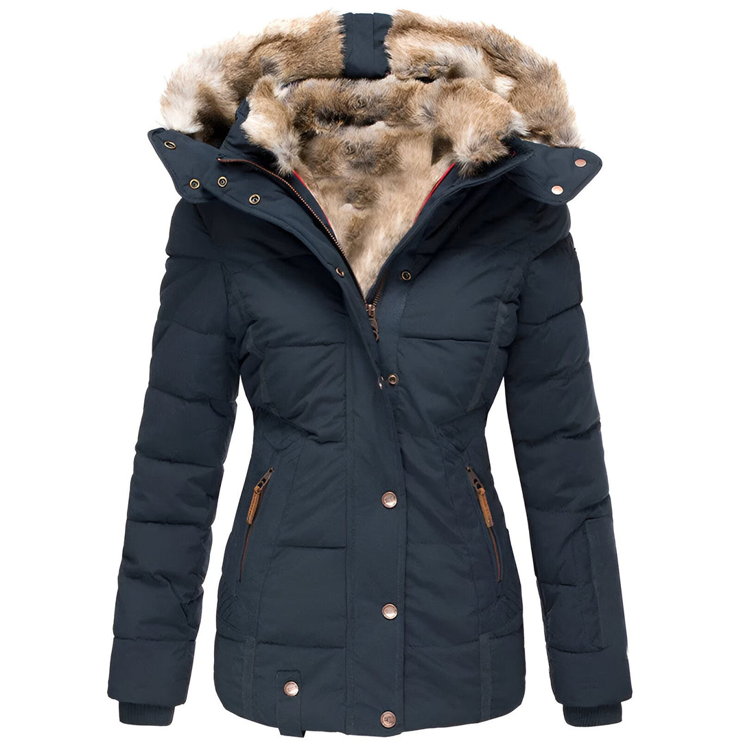 Women's slim-fit hooded puffer jacket with faux fur trim, tailored silhouette for winter warmth